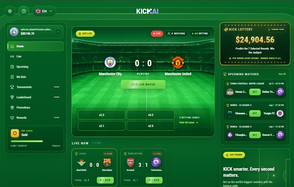 KICK AI home screen — live match, upcoming matches, lottery jackpot and betting zones