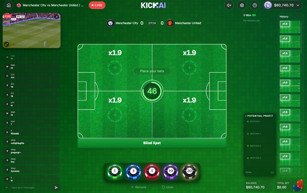 KICK AI live round — pitch zones, multipliers and betting chips