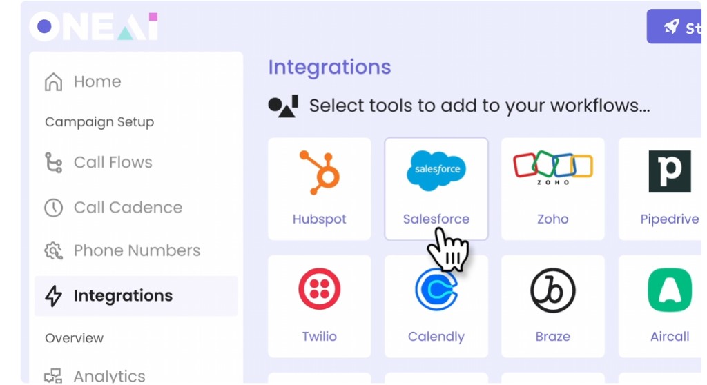 מסך האינטגרציות של OneAI — חיבור ל-Hubspot, Salesforce, Zoho, Pipedrive, Twilio, Calendly ועוד